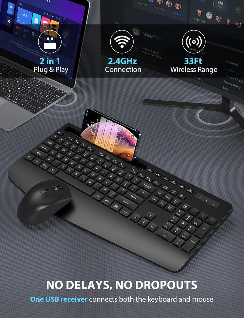 Trueque Wireless Keyboard and Mouse Combo - Full-Sized Ergonomic Keyboard with Wrist Rest, Phone Holder, Sleep Mode, Silent 2.4GHz Cordless Keyboard Mouse Combo for Computer, Laptop, PC, Mac, Windows - - Image 4